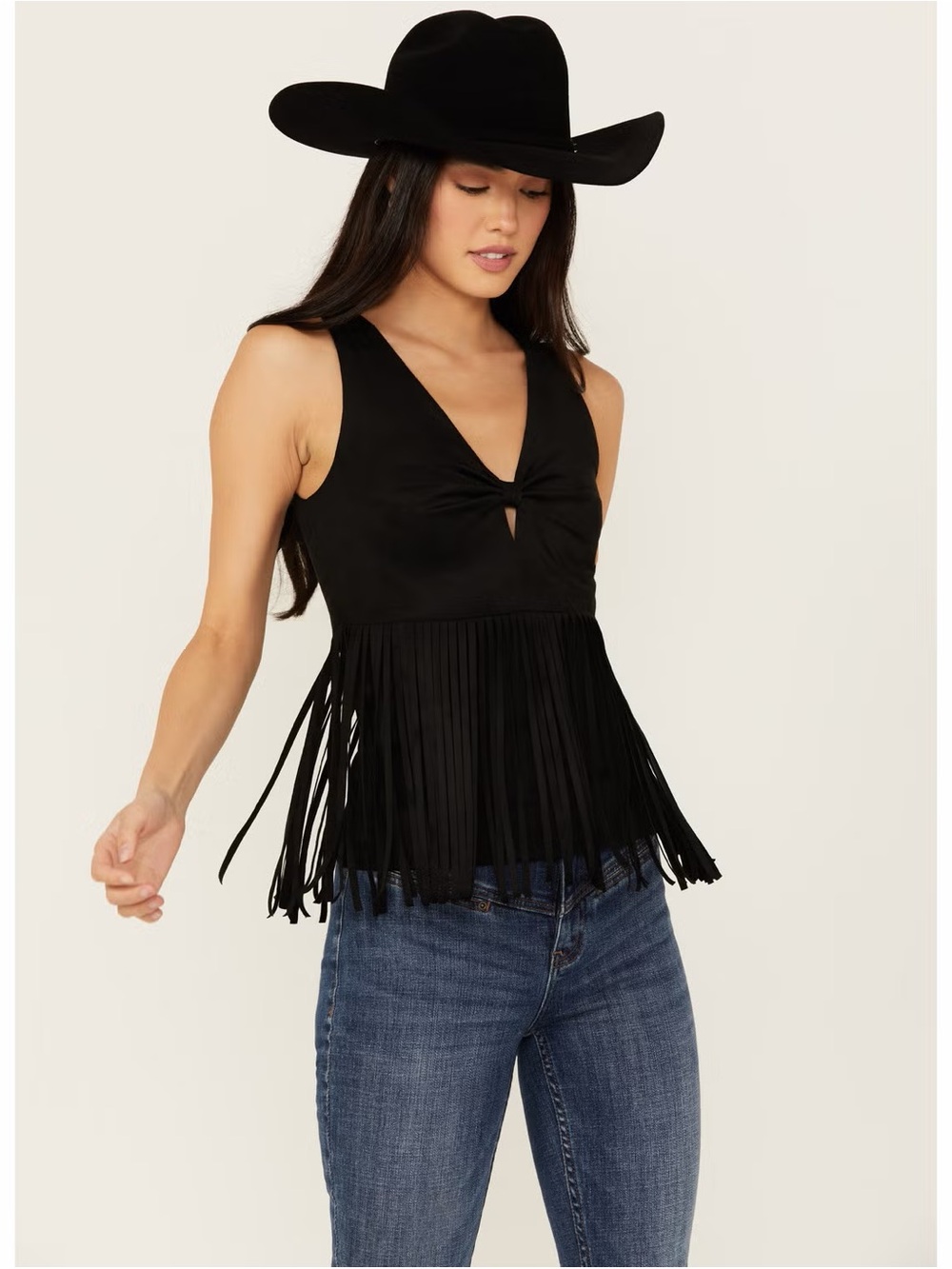 Idyllwind Fringe Sleeveless V-Neck Tank Top - Black